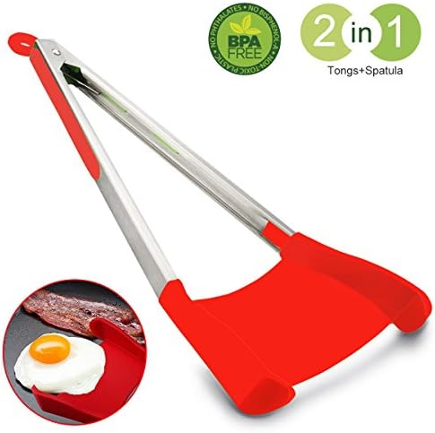 Spatula Tongs 2 in 1 Kitchen Silicone Cooking Tongs - 12 Inch Stainless Steel Frame, Non-Stick, Heat Resistant, Dishwasher Safe, BBQ Salad Serving Grill, As Seen on TV by MOOKZZ