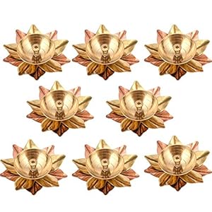 Collectible India Set of 8 Brass Diya for Puja Oil Lamp Lotus Shape – Deepak for Pooja Diwali Decoration Items (Gold 3 X…