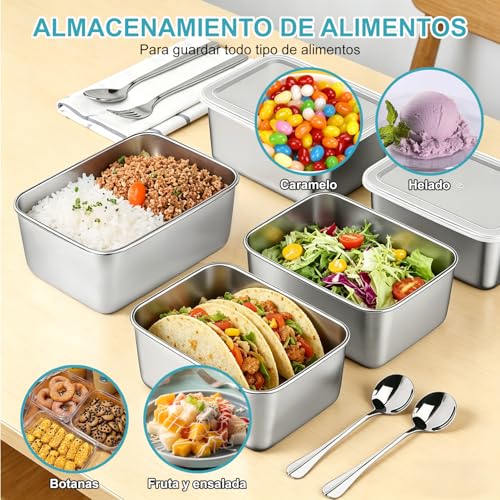 6 recipientes de acero inoxidable para conservar alimentos con tapa hermética, 450 ml, ideales para preparar comidas y guardar salsas; aptos para el refrigerador y el microondas(incluye 6 cucharas)