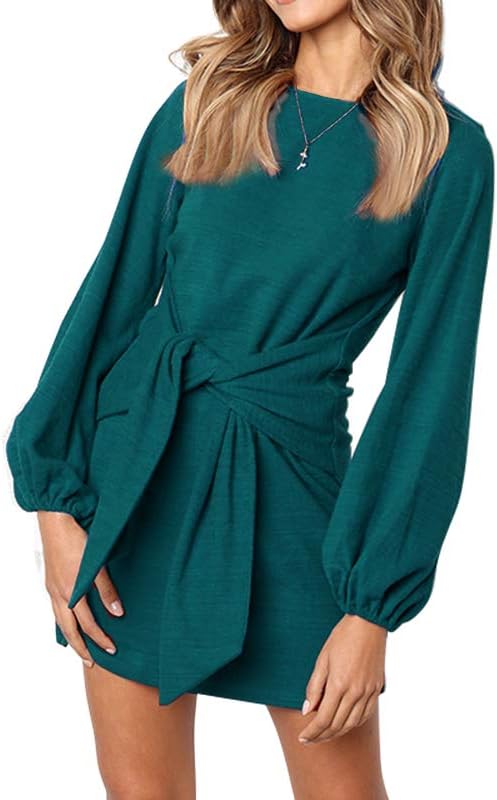 Women's Loose Casual Front Tie Long Sleeve Bandage Dress for Party/Work/Lounge Wear