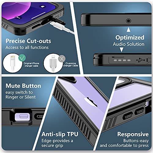 SPIDERCASE Designed for iPhone 12 Case, Waterproof Built-in Screen Protector, Shockproof Full Body Cover Rugged Case Only for iPhone 12 6.1” 2020 Released, Black/Clear