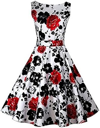 QiaoVintage Sleeveless Cotton Vintage Tea Dress With Belt Free (M, Black Red)