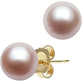 Belacqua AAA Quality Cultured Freshwater Button Pearl Stud Earriings in 14K Yellow Gold, Pink,Black or White Color, Size - 5.5-10.5mm, Push Back - Clasp, Real Pearl Jewelry for Women, Gift Box Included