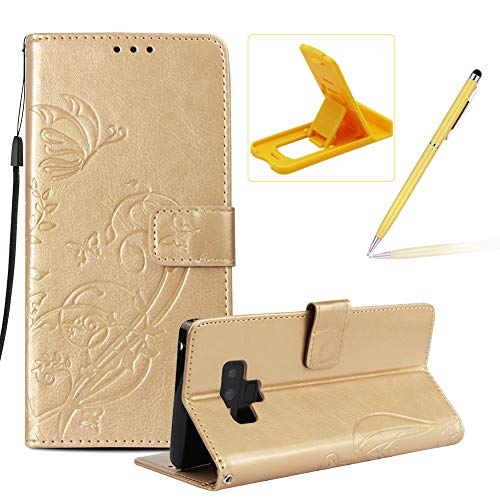 Strap Case for Galaxy Note 9,Wallet Leather Cover for Galaxy Note 9,Herzzer Classic Elegant [Gold Butterfly Pattern] PU Leather Fold Stand Card Holders Smart Phone Case