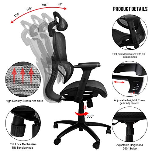 Komene Ergonomic Office Desk Chair Adjustable Headrest 3D Flipup