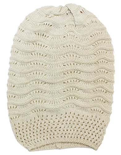 AN- Fashion Lightweight Slouchy Airy Cutout Knit Beanie Hat Cap, Many Styles (Beige Wave)