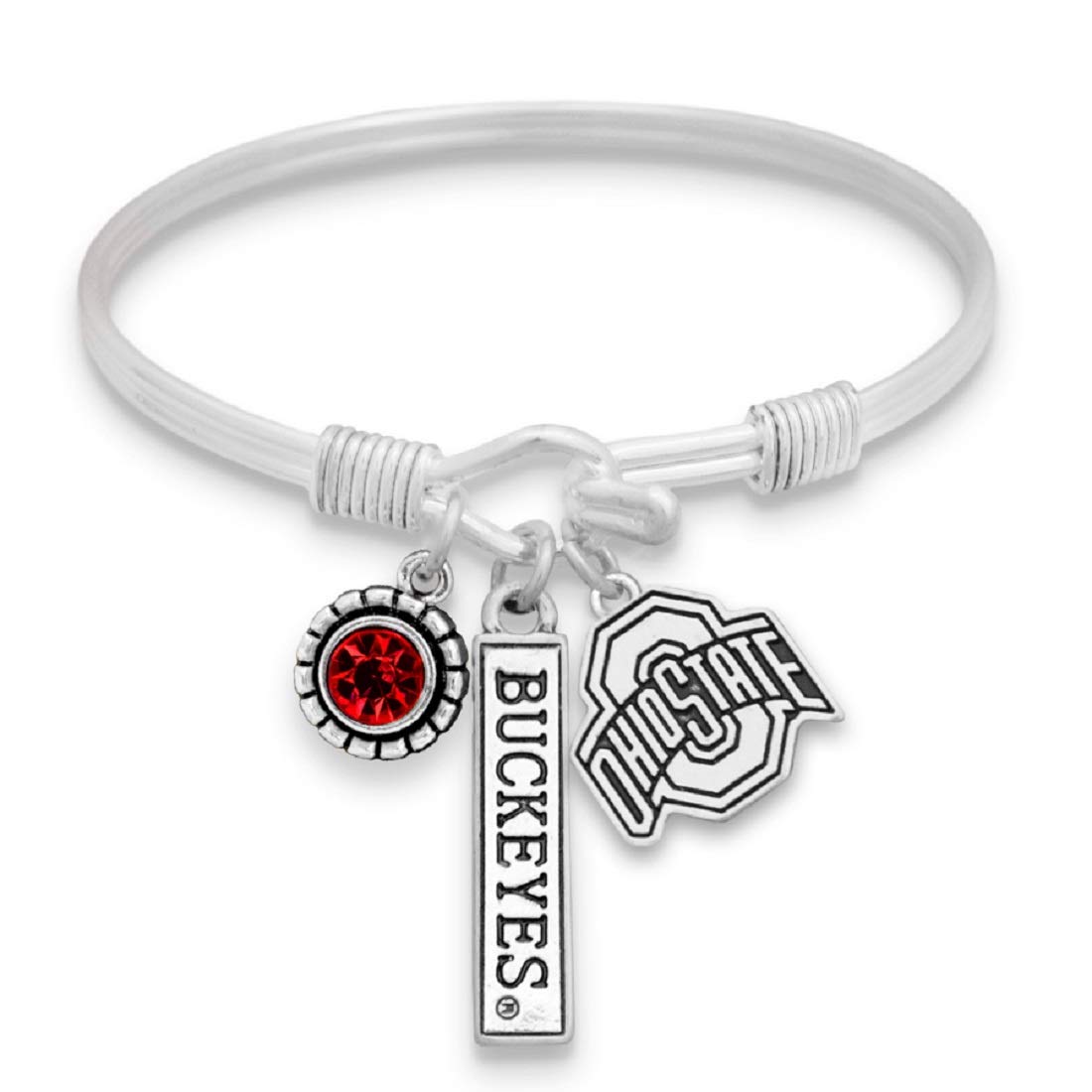 FTH Ohio State Buckeyes Triple Charm Wire Bangle Bracelet with Team Color Rhinestone Nameplate and Logo Charms