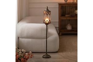 NOONEAU Vintage Floor Candelabra - 37.1" Tall Antique Gold Candle Holder with Glass Lantern, Rustic Gothic Metal Pillar Stand for Home Decor, Wedding & Event Centerpiece