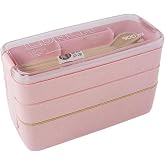 Mejiwasmi Portable Bento Box, 3-layers Lunch Box, 900ML Wheat Straw Dinnerware Food Storage Container (Pink)