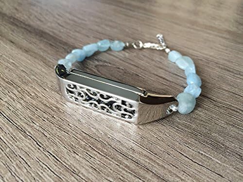 Aquamarine Stones Bracelet For Fitbit Flex 2 Fitness Activity Tracker Handmade Natural Beads Band Fitbit Flex 2 Bangle Silver Metal Flowers Design Jewelry Yoga Meditation Wristband