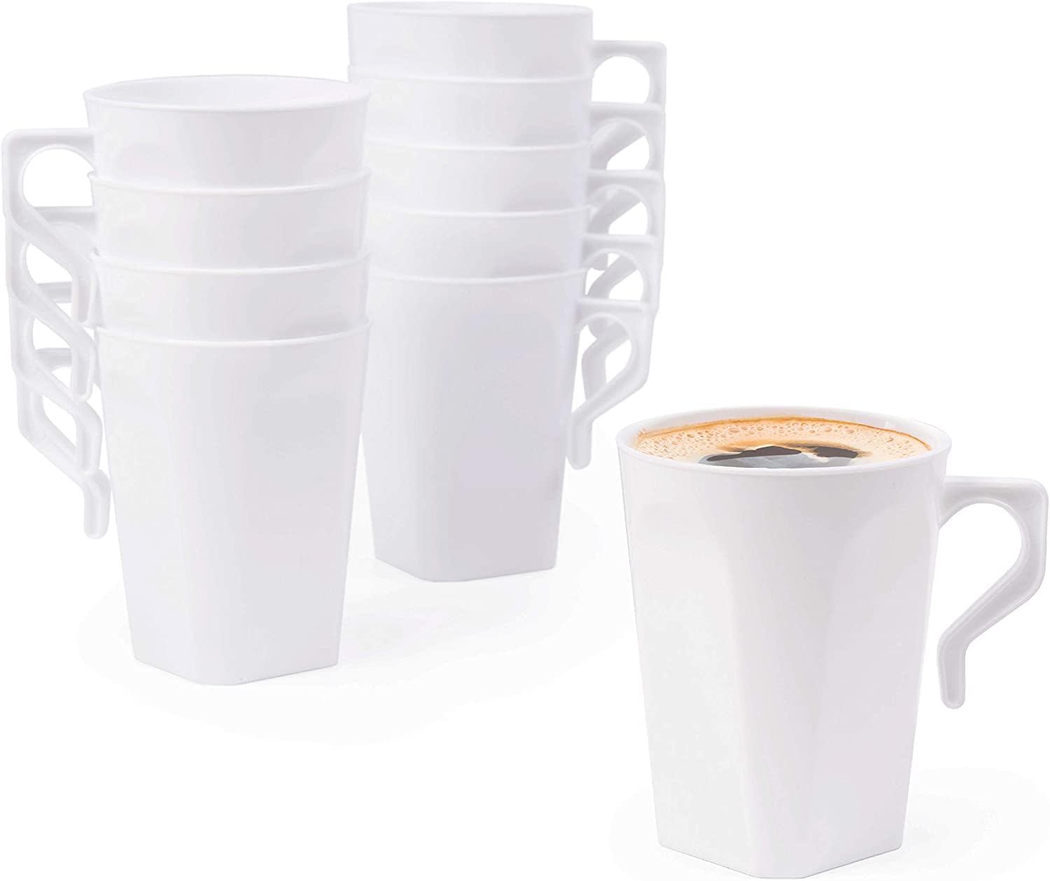 MATANA 50 White Hard Plastic Coffee Mugs, 240ml - Cups with Handles for Coffee, Tea, Chocolates, Hot & Cold Drinks - Sturdy & Reusable - Camping, Picnic, Barbecues, Parties