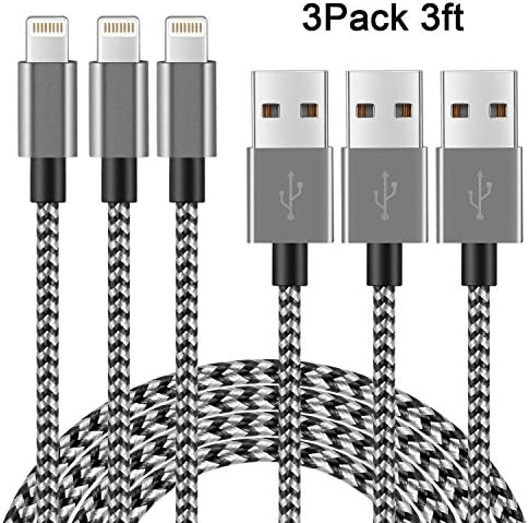 [3-Pack] XKAUDIE USB Cable,3FT Cable Charger Cord for iPhone X/8/7/6s/6/SE/5s/5/iPad &amp; Plus 8-pin with Data/Audio/Video [Silver]