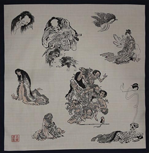 Furoshiki Hokusai Ghouls and Ghosts w/ Navy Border Motif Japanese Fabric 50cm