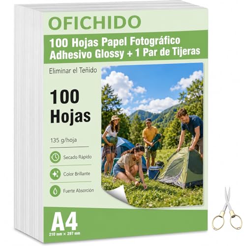 OFICHIDO - (100 Hojas) Papel Fotográfico Adhesivo Glossy 135 Gramos - tas A4 Y Brillante+tijera