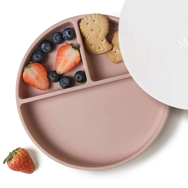 Moonkie Suction Plates for Babies & Toddlers | BPA-Free Weaning Plate with Lid | Silicone Divided Plate | Microwave and Dishwasher Safe - 1 Pack (Blush)