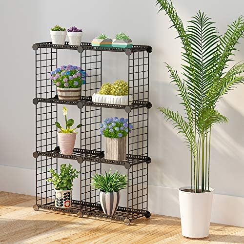 Koossy Portable Plant Stands Racks Custom Shaped Pot Shelf Standing Baker's Racks for Flowers Metal Shelving Unit for Green House Indoor Outdoor Multifunction Storage Organizer, 6-grid Black