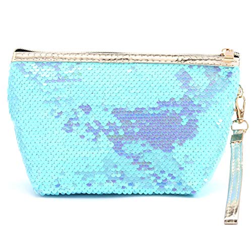 Brishow Envelope Type Travel Makeup Bag Portable Clutch Toiletry Bag Cosmetic Makeup Case Mermaid Sequins Organizer Bag with Zipper for Women and Girls (Blue)