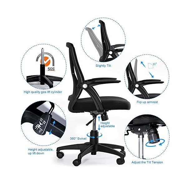 KOLLIEE Mid Back Mesh Office Chair Ergonomic Swivel Black Mesh Computer Chair Flip Up Arms With