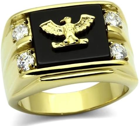 Men's Stainless Steel Ion Gold Plating Black Synthetic Agate American Eagle Military Ring, Size 8,9,10,11,12,13 (13)