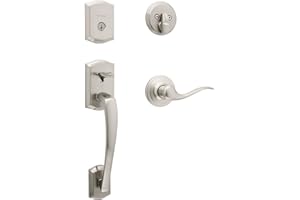 Kwikset Prescott Front Door Lock Handle and Deadbolt Set, Entry Handleset Exterior with Interior Reversible Lever, Satin Nickel, Pick Resistant SmartKey Rekey Deadbolt Security