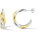 Elaximn Hypoallergenic 18K Gold Plated and Silver Two Tone Hoop Earrings for Women, Lightweight Twisted Designed, Mixed Metal with 925 Sterling Silver Post