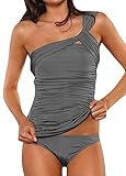 FISACE Women's One Shoulder Ruched Vintage Tankini Set Swimsuit