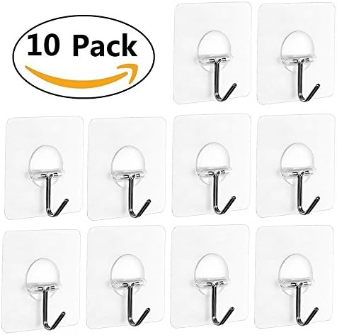 Powerful Adhesive Hooks Nail Free Transparent Reusable Heavy Duty Wall Hooks for Towel Loofah Bathrobe Clothes,Waterproof and Oilproof,Bathroom Kitchen Wall hook &amp; Ceiling Hanger(10pcs)