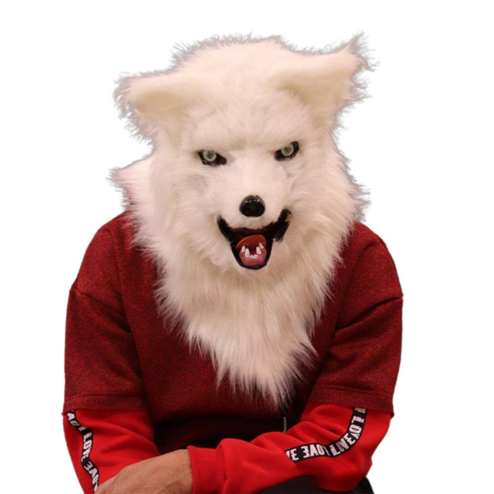 J-ouuo Halloween Fox Face Mask, Artificial Realistic Mouth Mover Wolf Mask for Halloween Party Costume, Full Head Plush Moving Mouth Fox Mask Costume Props for Halloween Party