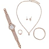 CdyBox Watch Sets Gifts for Women Diamond Bangle Necklace Earrings Ring Watches 5 Pack Dress Jewelry Watch for Female