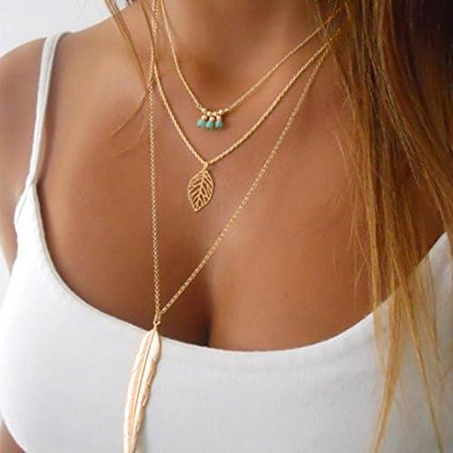 Necklace,Saingacy Fashion Multilayer Bead Leaf Feathers Pandent Irregular Chain (Gold)