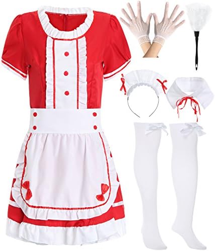 JustinCostume Women's French Maid Outfit Dress Apron Stockings Duster XS Red