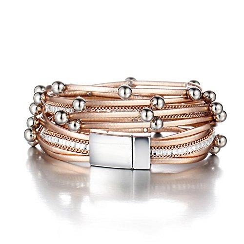 17KM Women Stylish Bracelets Multilayers Silver Beads Leather Bracelets Fashion Charm Wrap Cuff Bracelet for Girls