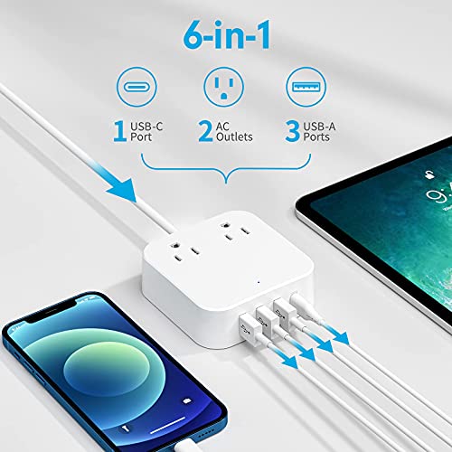 Power Strip with USB C PD 20W，2 AC Outlets 4 USB Ports (2.4A) Portable Power Strip with Flat