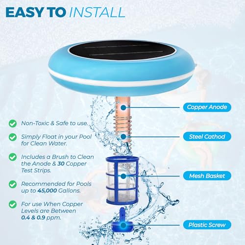 Solar Pool Ionizer for Pools up to 45,000 Gallons, Enhanced with Latest Solar Technology & Longer-Lasting Anode