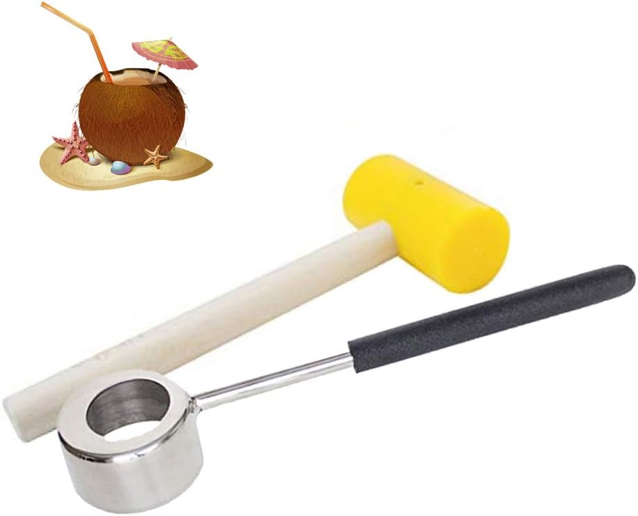 Coconut Opener Tool Set Coconut Opener with Hammer, Easy to Open Young Coconuts, Food Grade 304 Stainless Steel and Rubber Mallet, 100% Safe and Comfortable for Your Hands, Durable (Yellow)