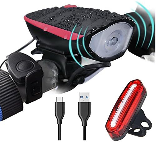 Super Bright Bike Light Set USB Rechargeable Headlight with a Horn Waterproof LED Bicycle Light Set Easy to Install Cycling Safety Commuter Flashlight Best for Mountain Road, Kids and City Bicycle