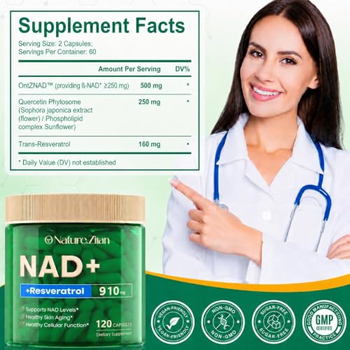 O Nature Ziran Suplemento de Nad, Ribósido de Nicotinamida de 910 Mg para Hombres y Mujeres, Resveratrol de Ribósido de Nicotinamida Liposomal, Para el Antienvejecimiento, La Energía, La Conc