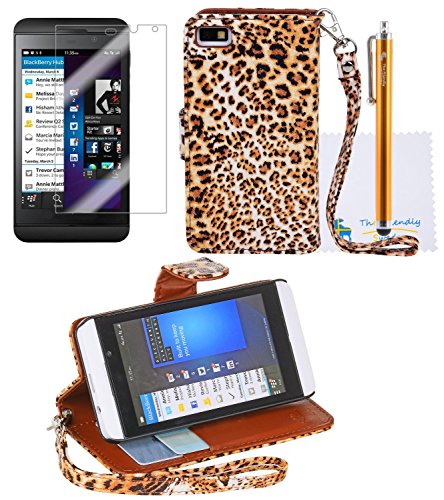 The Friendly Swede Basics - PU Leather Stand Wallet Case Cover for BlackBerry Z10 + Matching Stylus + Screen Protector + Cleaning Cloth (Brown Leopard)