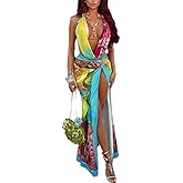 Wuitrie Women's 2 Piece Skirt Sets Floral Print Low Cut Halter Crop Top High Slit Maxi Warp Long Skirt Vacation Set Muticolor