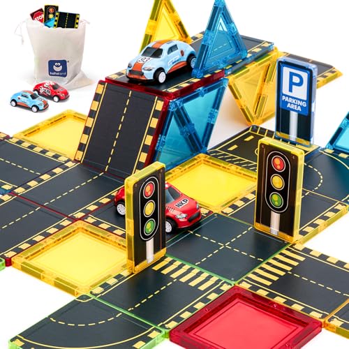 hahaland Magnetic Building Blocks for Kids, 38 Pieces Magnetic Tiles with City Roads and 2 Pull Back Cars, Compatible Magnetic Parts for Kids 3 4 5 6 Years Old
