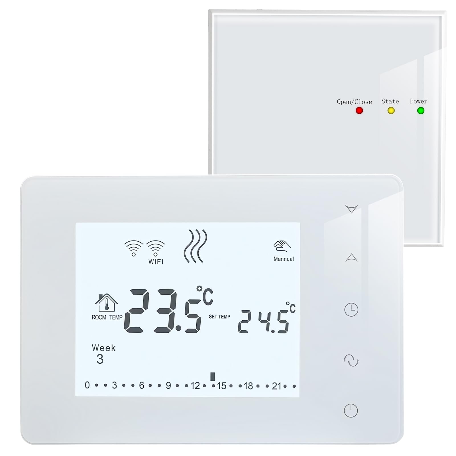 Beok Wireless Thermostat with Receiver Thermostat Gas Boiler, Programmable Thermostat with Backlight, Battery Powered White Wall Thermostat, AC Powered Receiver 230V
