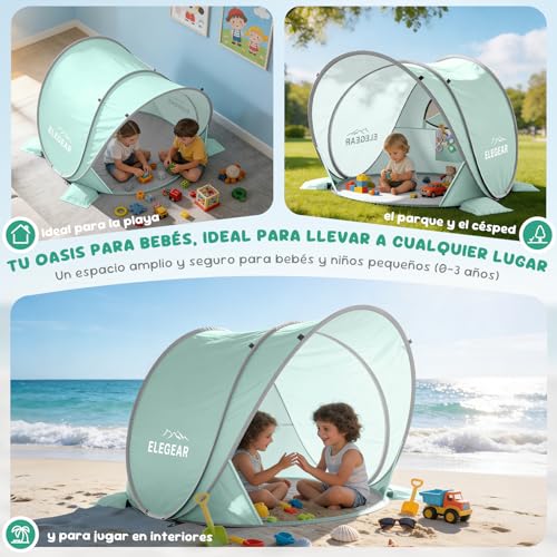 Elegear Carpa de Playa para Bebé Portátil, Pop-Up Refugio Solar con Protección Solar, UPF 50+ Protección UV Carpa de Playa para Bebé, Fácil Instalación y Ligera Tienda con Toldo para Costa,Verde Claro