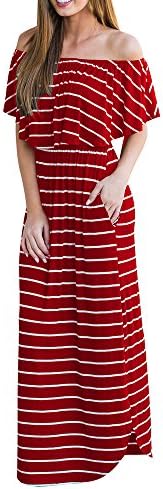 Dressit Women Striped Off Shoulder Ruffle Side Slit Short Sleeve Maxi Evening Dress