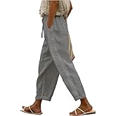 Dirxi Summer Cotton Linen Pants for Women's Fashion Casual Lace Stitching Trousers Solid Color Drawstring Beach Pants