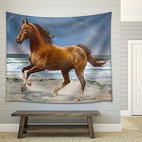 Chestnut Horse Galloping on Shore, Fragment of Painting - Fabric Wall Tapestry Home Decor - 51x60 inches