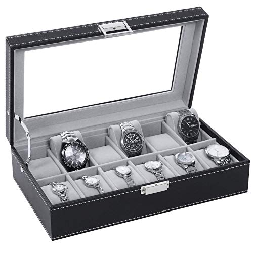 BEWISHOME Watch Box for Men - 12 Slots Watch Display Organizer, Large Holder, Real Glass Top, Metal Hinge - Elegant Watch Cases for Men Women, Black PU Leather SSH03B