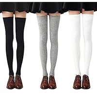 Chalier 3-4 Pairs Womens Thigh High Socks Cotton Striped Over the Knee Socks Long Knee High Socks for Women(1 Solid Color(3 Pairs)