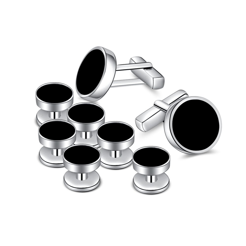 Merit Ocean Mens Cufflink and Shirt Studs Set Onyx Black Silver Cuff Link Tuxedo Shirts Business Wedding Gift