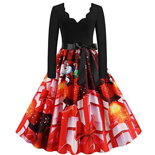 Christmas Womens Long Sleeve Cats Musical Notes Print Vintage Flare Dress