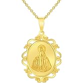 Jewelry America 14k Yellow Gold Elegant Ornate Miraculous Medal of Virgin Mary Pendant Necklace